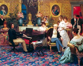 Chopin jouant du piano, salon du prince Radziwill, 1887, peinture de Siemiradzki Repro