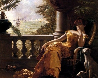 Lady Girl On The Balcony With Dogs Painting By A. Stevens Belgian Artist Repro