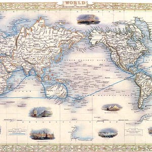 May include: An antique world map with a detailed illustration of the continents and oceans. The map is printed on paper with a light blue background and features a decorative border with a floral design. The map is titled "WORLD" and includes the text "Mercator's Projection".