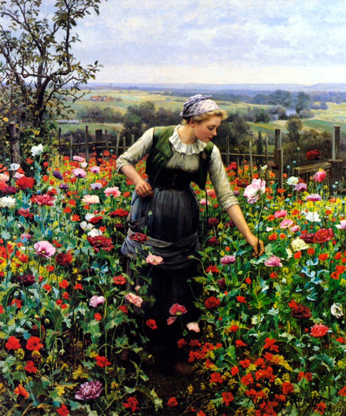 A July Morning Woman Garden Roses Flower Painting by Daniel Ridgway ...