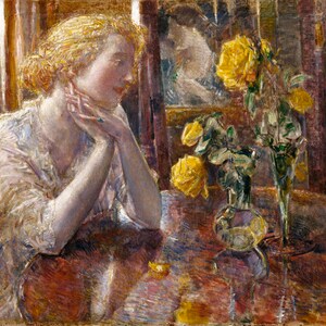May include: A painting of a woman with blonde hair sitting at a table with a vase of yellow roses. The woman is wearing a white dress and has her hand on her chin. The background is a blurry image of a room with a window.