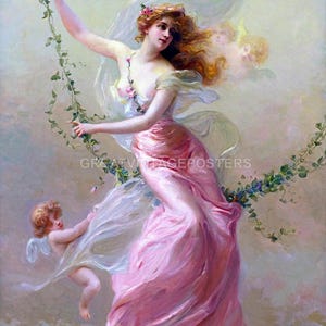 May include: An oil painting by Edouard Bisson featuring a figure with long auburn hair wearing a flowing pink gown and white sheer fabric, suspended on a vine swing with small winged cherubs, against a soft, cloudy, light-colored background.