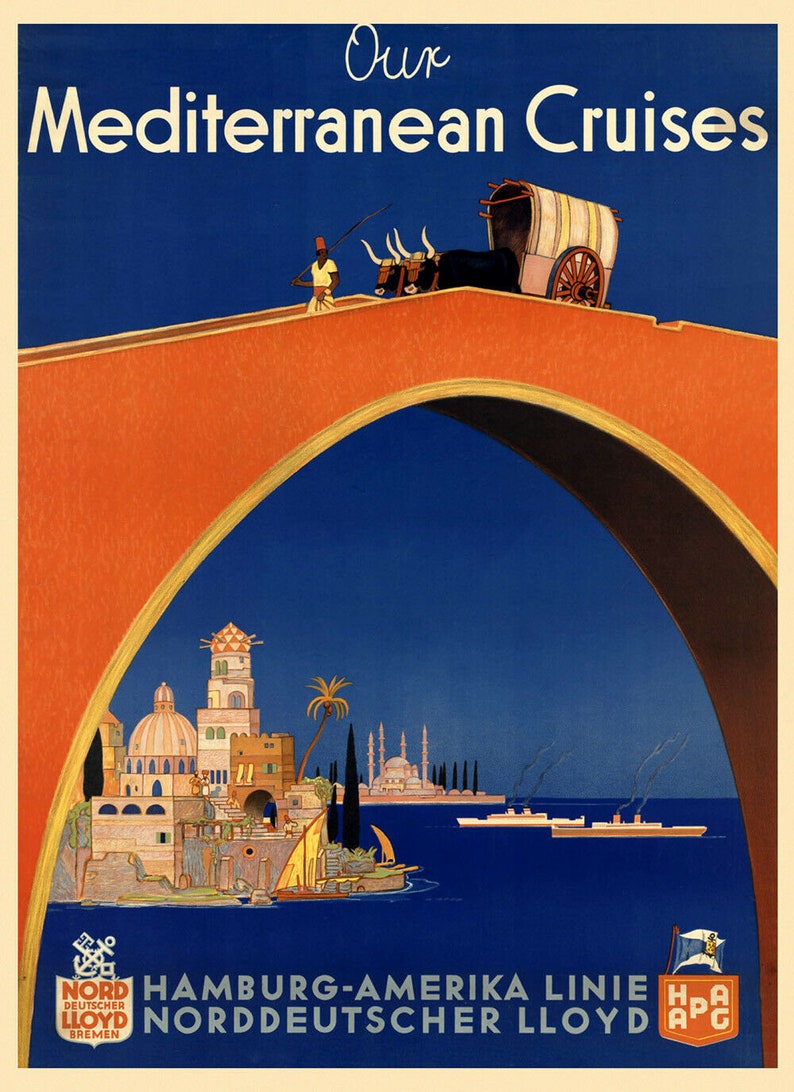 Mediterranean Cruises Morocco Turkey Tunisia Ship Travel Vintage Poster Repro