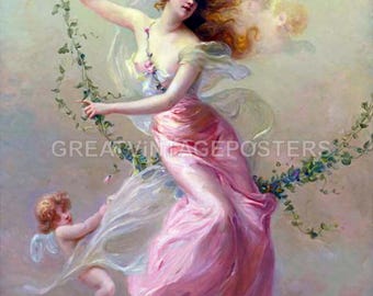 La balançoire nymphes Cupidon Love Flowers Peinture d'Edouard Bisson Repro