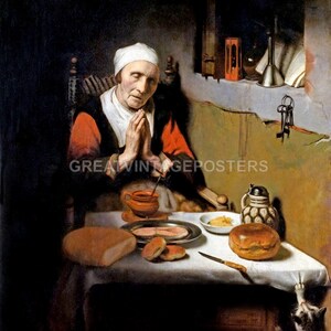 Old Woman Saying Grace The Prayer Food Cat 1656 Painting By Nicolaes Maes Repro