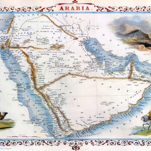 May include: An antique map of Arabia, printed in color on paper. The map shows the geographic features of the Arabian Peninsula, including the Red Sea, the Persian Gulf, and the Arabian Desert. The map is surrounded by a decorative border.