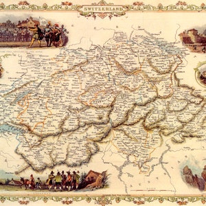 May include: An antique map of Switzerland, printed in brown, black, and blue ink on cream paper. The map shows the country's borders, major cities, and rivers. The map is surrounded by a decorative border with floral motifs. The title "SWITZERLAND" is printed at the top of the map.