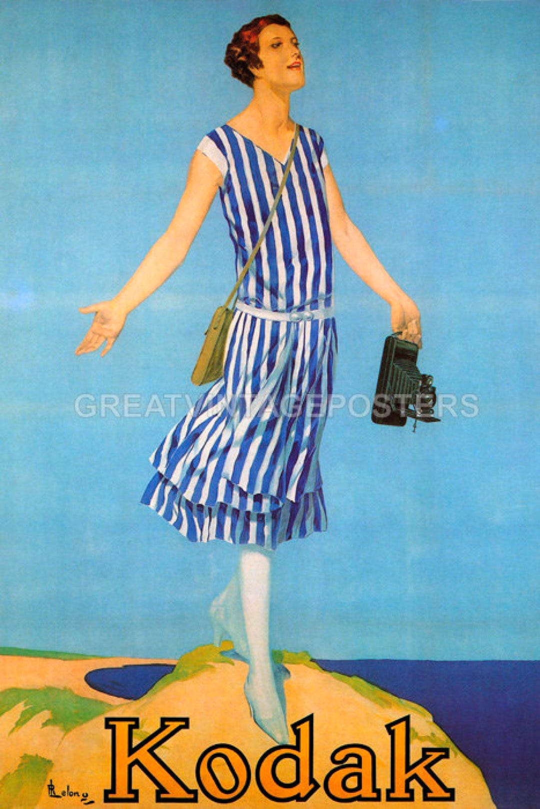 Kodak Camera Girl Beach Ocean View Travel Photos Vintage Poster