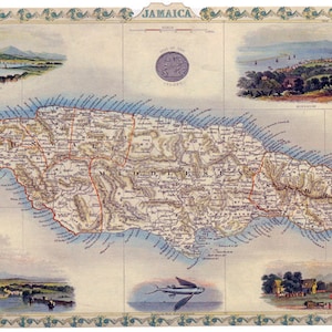 May include: Antique map of Jamaica, featuring detailed geographical information. The map includes illustrations of landscapes and coastal scenes, with the word "JAMAICA" at the top. The map is framed with a decorative border.