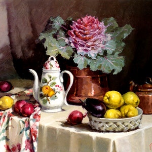 Still Life With Coffee Jug Table Fruits Flower Painting By Pat Moran Repro