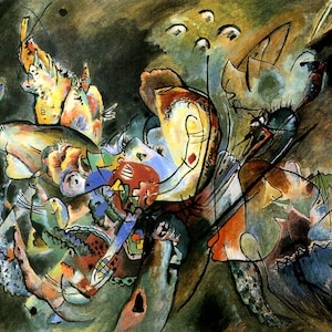 May include: Abstract painting with a dark background and colorful shapes. The shapes are mostly organic and flowing, with some geometric elements. The colors are vibrant and bold, with a lot of contrast. The painting is full of movement and energy.