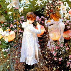 May include: An impressionistic painting depicts two children in white dresses holding illuminated paper lanterns in a lush garden. The garden features white lilies, pink roses, and other colorful flowers, creating a vibrant and whimsical scene.