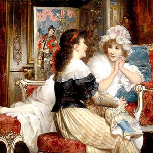 Two Friends Young Girls Talking Painting By Carl Schweninger Jr Repro
