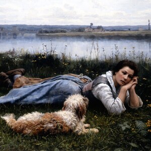 Reverie Girl Dog Daydreaming By A River Painting By Daniel Ridgway Knight Repro