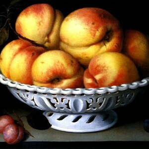 May include: A still life painting featuring a white, ornate bowl filled with ripe peaches. The peaches are yellow with red blush, and the bowl sits on a dark surface. A few plums are at the base of the bowl.