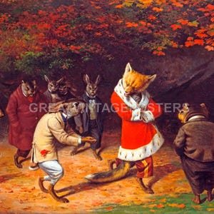 His Majesty Receives King Fox Rabbits Squirrels Animal Humor By W.H. Beard Repro