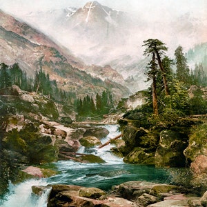 May include: A painting of a mountain scene with a rushing river in the foreground. The river flows over rocks and is surrounded by trees and mountains. The sky is a light blue and there are clouds in the distance.