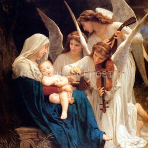 May include: A painting depicting a mother and child with three angels playing music. The mother is wearing a blue robe and the child is asleep in her arms. The angels are playing a violin, a guitar, and a lute. The painting is set in a woodland scene.