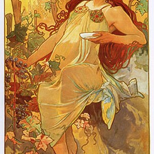 Póster vintage de otoño, otoño, vid, niña, las cuatro estaciones, de Mucha, reproducción en tamaño pequeño