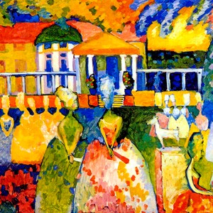 May include: A colorful abstract painting depicting a group of people in a garden setting. The painting features bright colors, including yellow, green, blue, and red, and depicts a scene of people gathered in a garden with a building in the background.