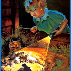 Cat Feeding Kittens Girl Child At Night With Flashlight Vintage Poster Repro