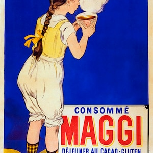 Reproducción de póster vintage francés de chocolate caliente con cacao para el desayuno de Maggi para niños