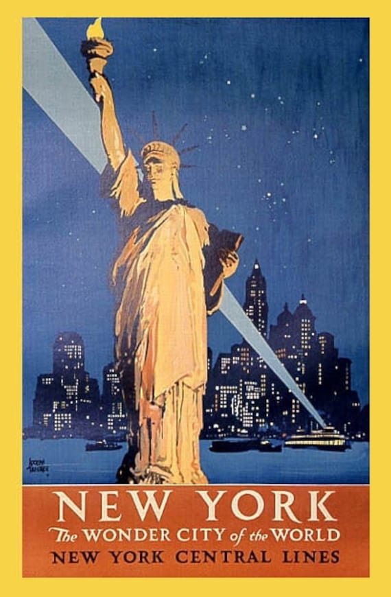 ネオ ビンテージ！「City Lights Bookstore」ポスター（額付） New York Statue Liberty Wonder City of the World Usa Travel