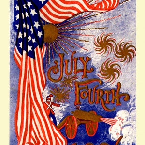 July Fourth 1896 Celebration Flag Fireworks Cannon Shot USA Vintage Poster Repro