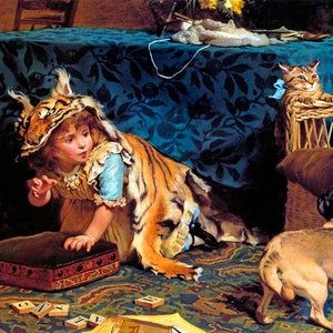 Monster Tiger Girl Dog Cat Playing Painting By Charles Burton Barber Repro