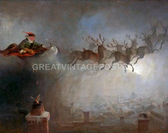 Santa Claus Sleigh Reindeer Christmas 1862 Painting William Holbrook Beard Repro