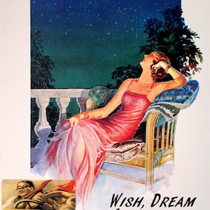 May include: A vintage advertisement for Aston Martin featuring a woman in a red dress sitting on a wicker chair on a balcony overlooking a starry night sky. The text reads "Wish, Dream, Imagine Aston Martin".