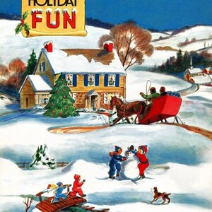 Póster vintage de Navidad con nieve blanca, diversión navideña, Papá Noel y niños jugando