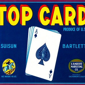 Crate Label Top Card Suisun Bartletts California Fruit USA Vintage Poster Repro