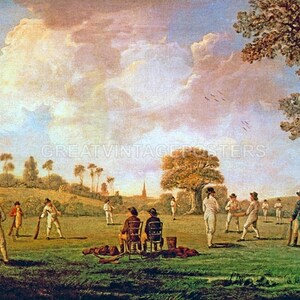 May include: A vintage painting depicting a group of men playing cricket on a grassy field. The scene is set in a rural landscape with trees and a cloudy sky. The players are wearing traditional cricket clothing and are engaged in a lively game.