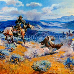 May include: A vintage painting depicting a group of cowboys on horseback riding through a mountainous landscape. The cowboys are wearing traditional clothing and hats, and the horses are brown and white. The painting is set against a backdrop of a blue sky with white clouds.