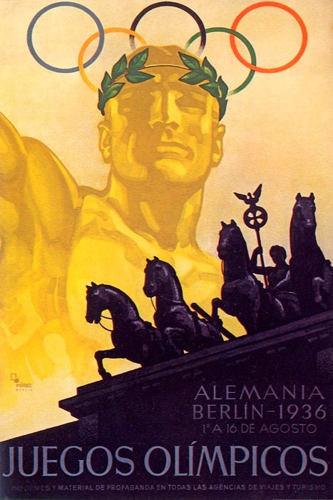 Germany Berlin 1936 Olimpic Games Rings Athlete Gate Statue Vintage Poster Repro
