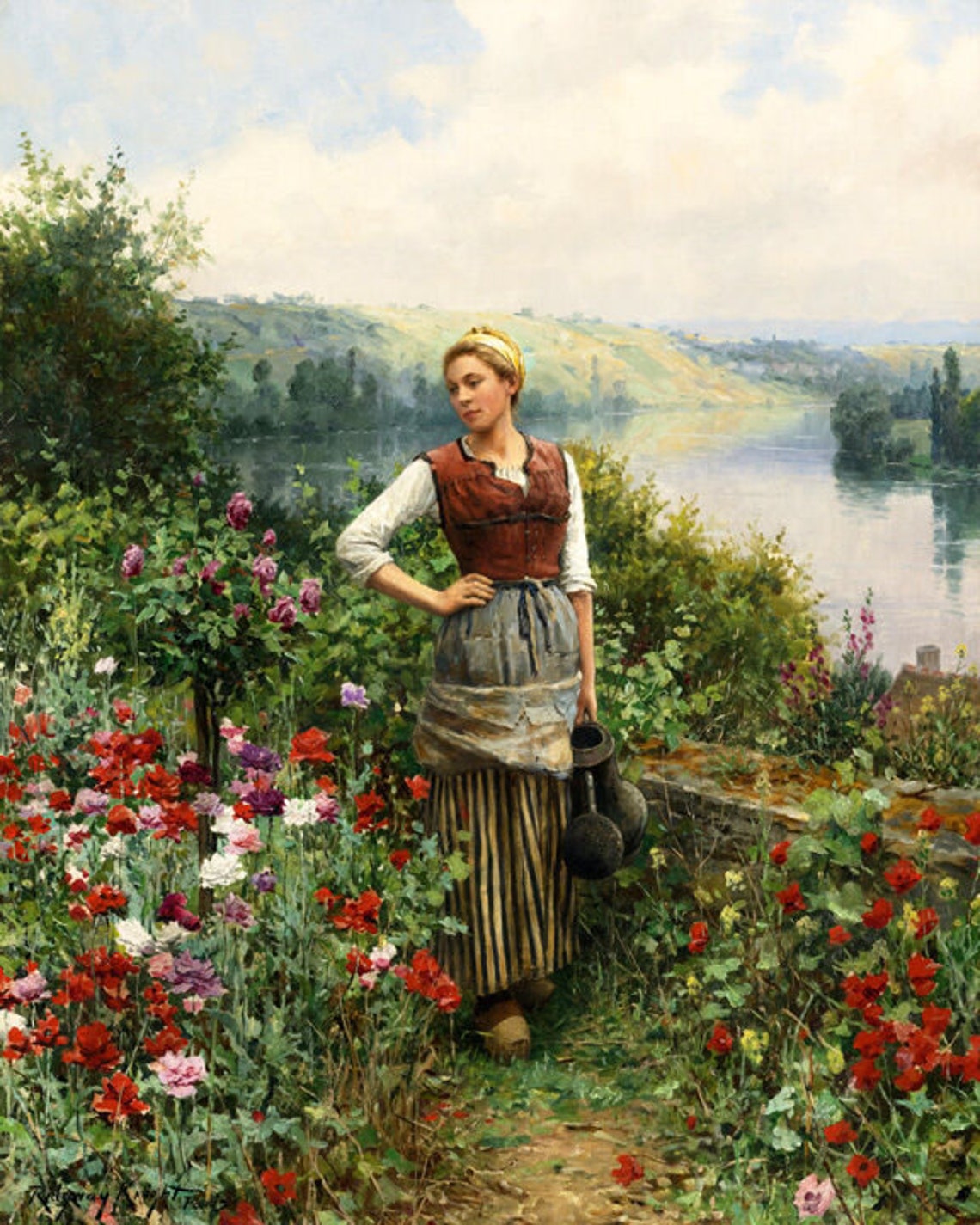 Frau mit Eimer im Garten Rosen Gemälde von Daniel Ridgway