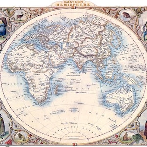 May include: Antique map of the Eastern Hemisphere, featuring detailed cartography of continents and oceans. The map is framed with decorative illustrations of people, animals, and foliage. The title "Eastern Hemisphere" is displayed at the top.