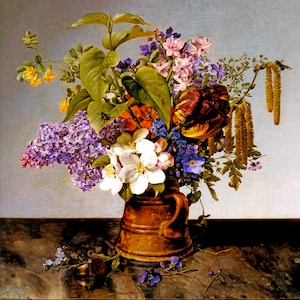May include: A bouquet of spring flowers in a brown ceramic vase. The bouquet includes lilac, apple blossom, tulips, and other wildflowers. The vase is on a wooden table.