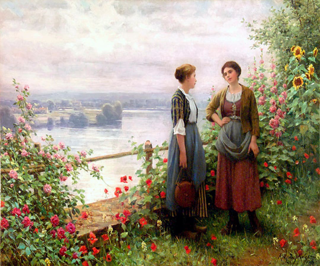 Two Women Talking in the Garden Flowers Painting by Daniel Ridgway