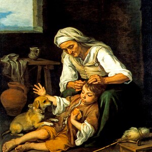 Old Woman Delousing A Boy Dog 1655 Painting By Bartolome Esteban Murillo Repro