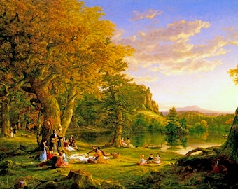 The Picnic Family Outdoor Meal Lake Landscape Painting by Thomas