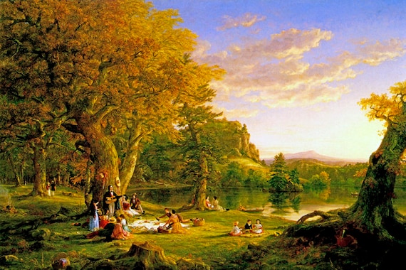The Picnic Family Outdoor Meal Lake Landscape Painting by Thomas