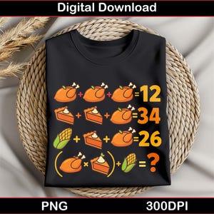 May include: Black t-shirt with a Thanksgiving-themed math problem. The design includes illustrations of roasted turkeys, pie slices, and corn, with equations and a question mark. The words "Digital Download", "PNG", and "300DPI" are also visible.