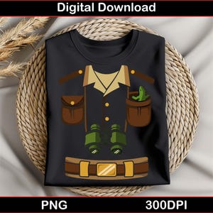 May include: Black t-shirt featuring a safari costume design. The design includes a tan collared shirt, brown pockets, a belt with a gold buckle, and green binoculars. A small green reptile is in the pocket. The words "Digital Download", "PNG", and "300DPI" are visible.