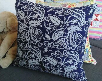 Fodera per cuscino Batik, Federa, Java Indonesia, Timbro a mano Batik, Fodera per cuscino in foglie blu scuro, Interni per la casa, Accessori per interni Decoro