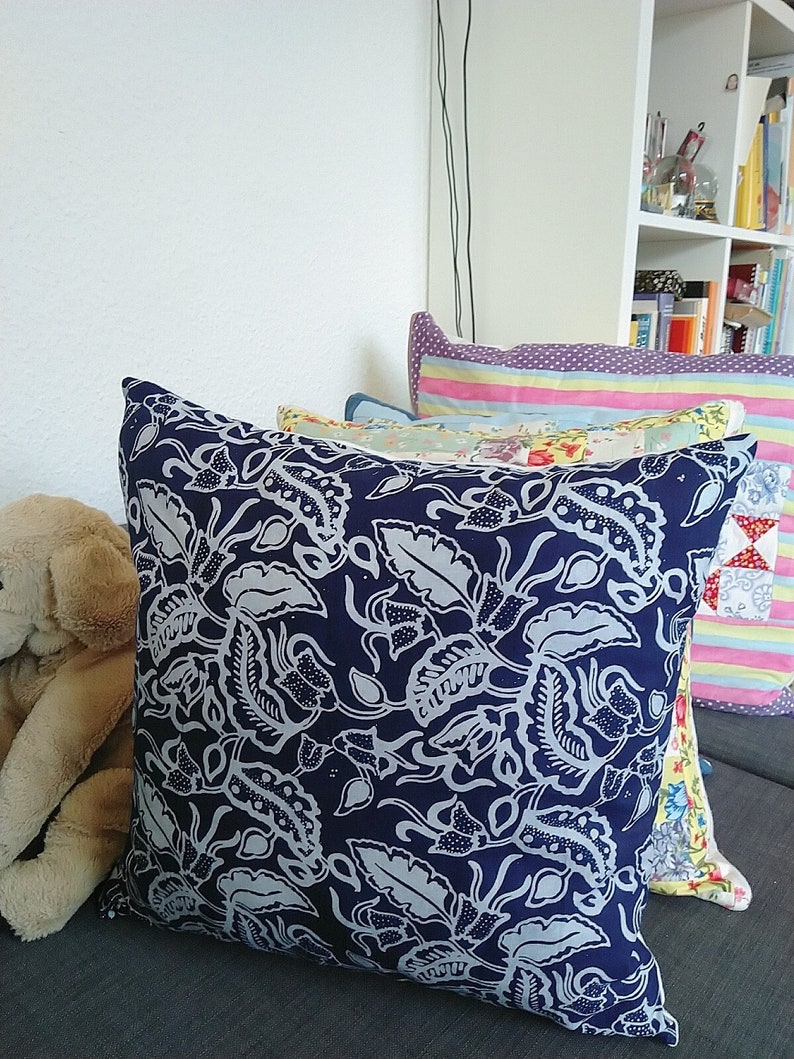 Batik Pillow Cover, Pillow Case, Java Indonesia, Batik hand stamp, Dark Blue leaves Pillow Cover, Home Interior, Indoor Accessories Decor image 1