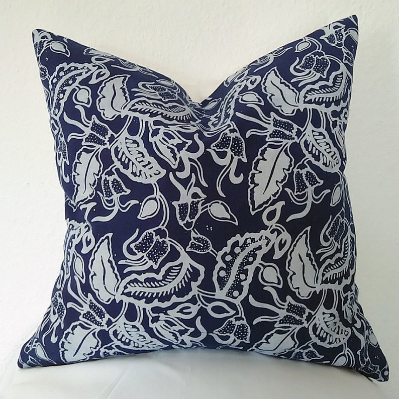 Batik Pillow Cover, Pillow Case, Java Indonesia, Batik hand stamp, Dark Blue leaves Pillow Cover, Home Interior, Indoor Accessories Decor image 2