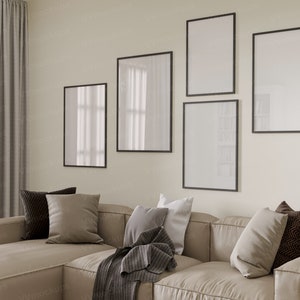 Set of Frame mockup, Mockup in interior, Black Frame Mockup, 5 Frames Mockup, Five Frames Mock,  Vertical Frames Mockup A1, A2, A3 PSD JPG