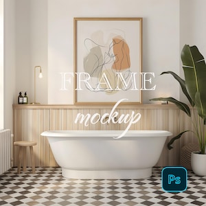 Frame mockup, Vertical Frame Mockup, Mockup in the bathroom, Bathroom mockup, Wooden Frame Mockup, Frame ratio 5:7, PSD JPG